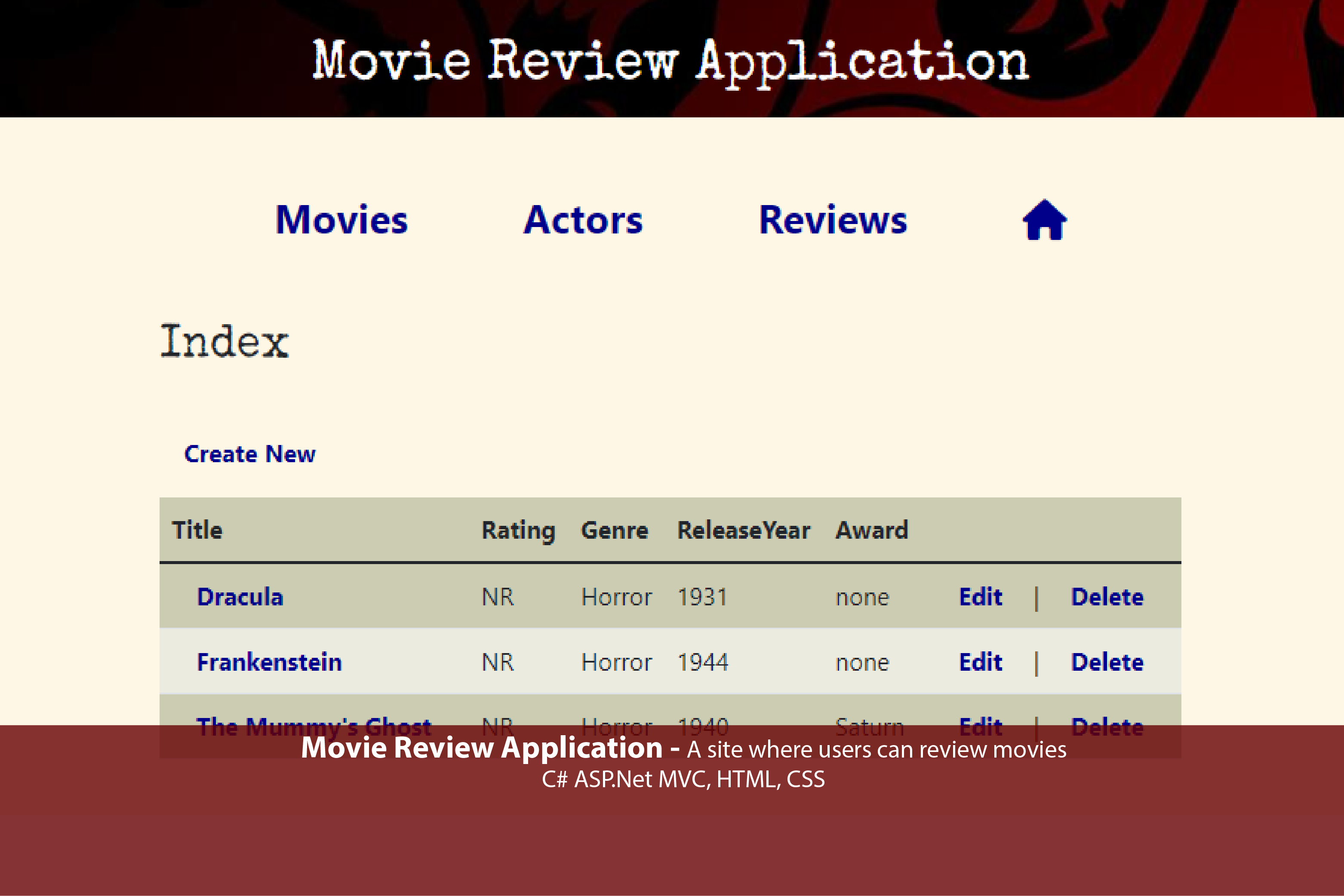 screen capture of movie review application