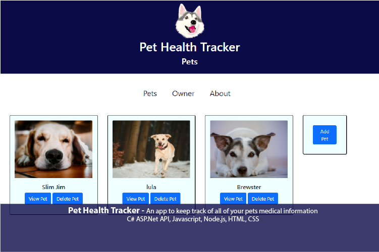screen capture of pet tracker application